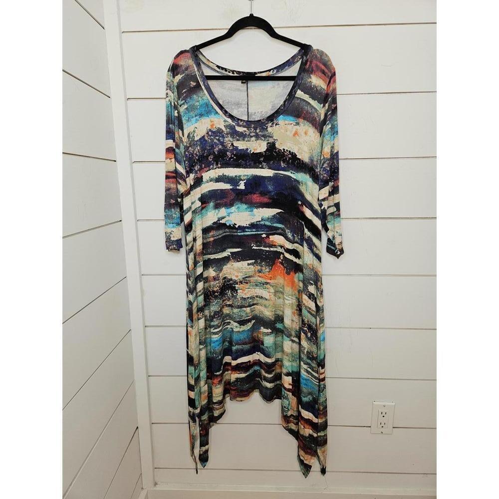 Cupio 1X multicolored bohemian long sleeve stretchy asymmetrical knit dress